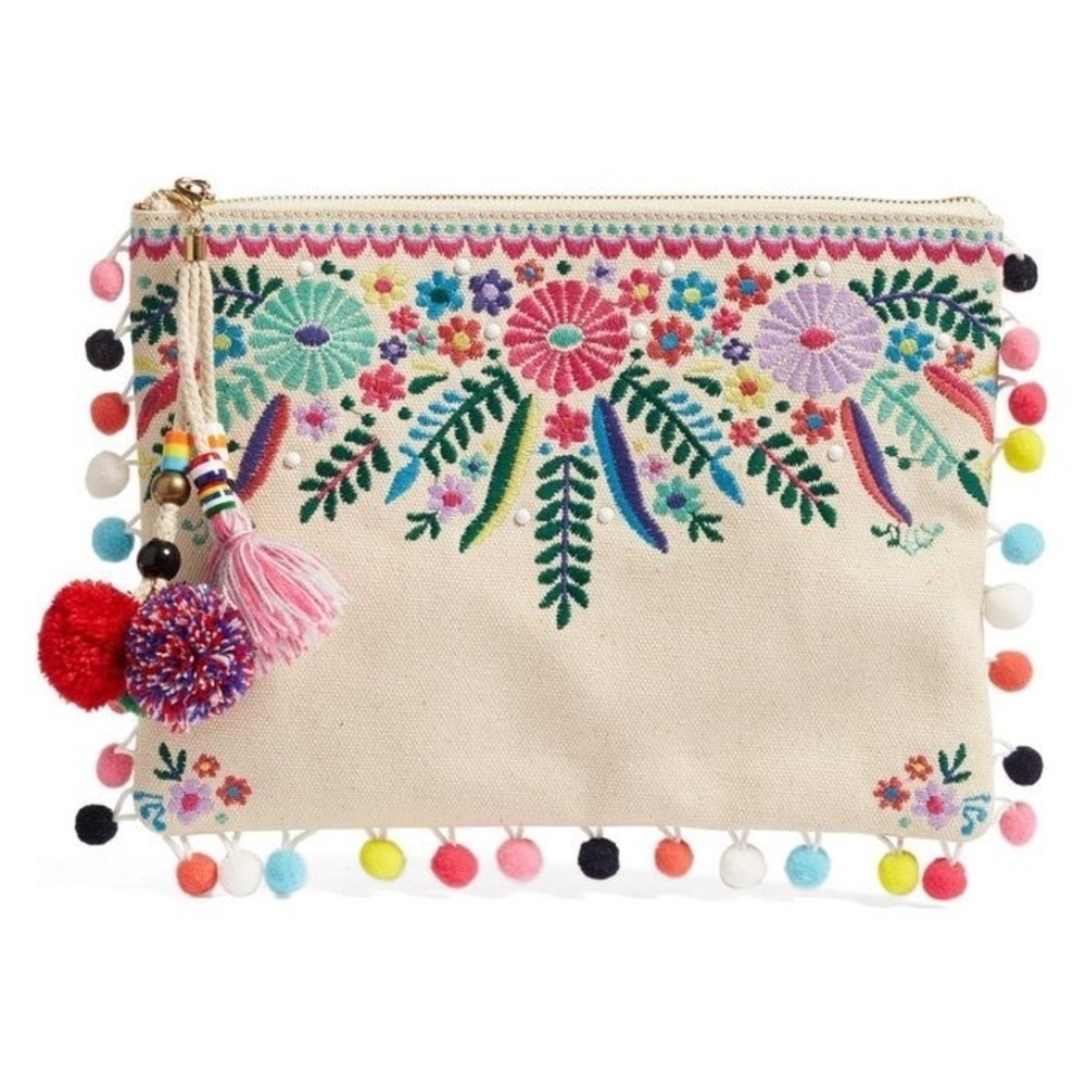 Steven By Steve Madden Jyme Colorful Embroidered Pom Pom Clutch Pouch Natural